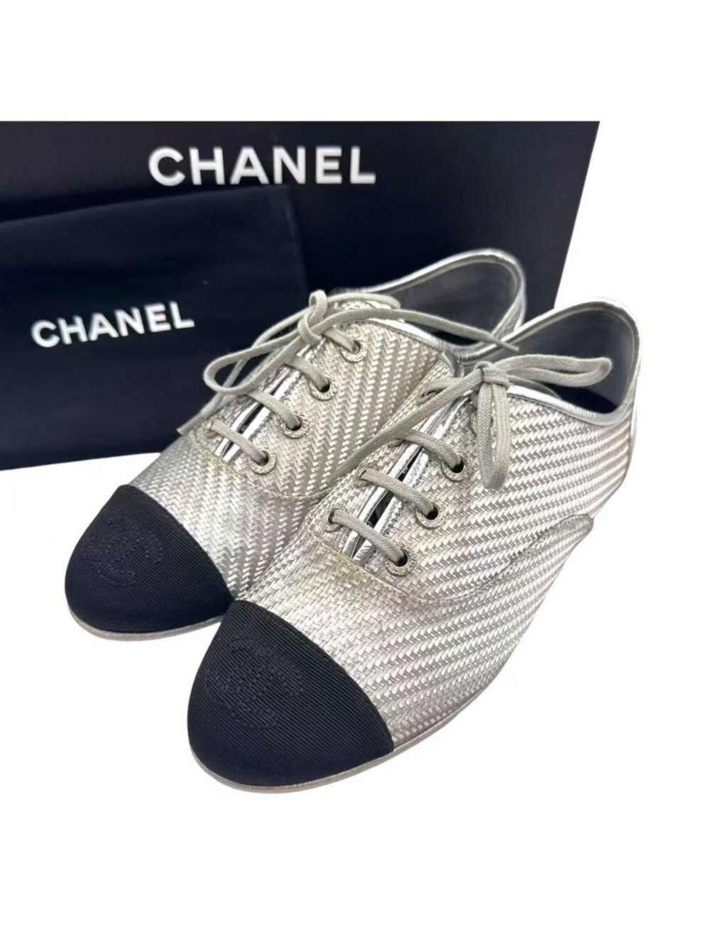 Chanel Lace-up Shoes Silver Black CC Logo